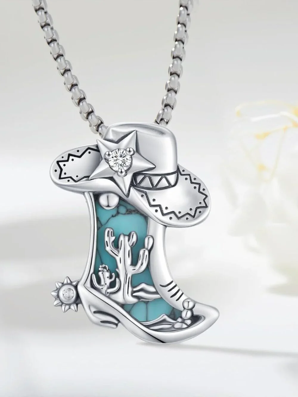 Women's Boot B Sterling Turquoise Pendant Highland Cow Skull Western Necklace